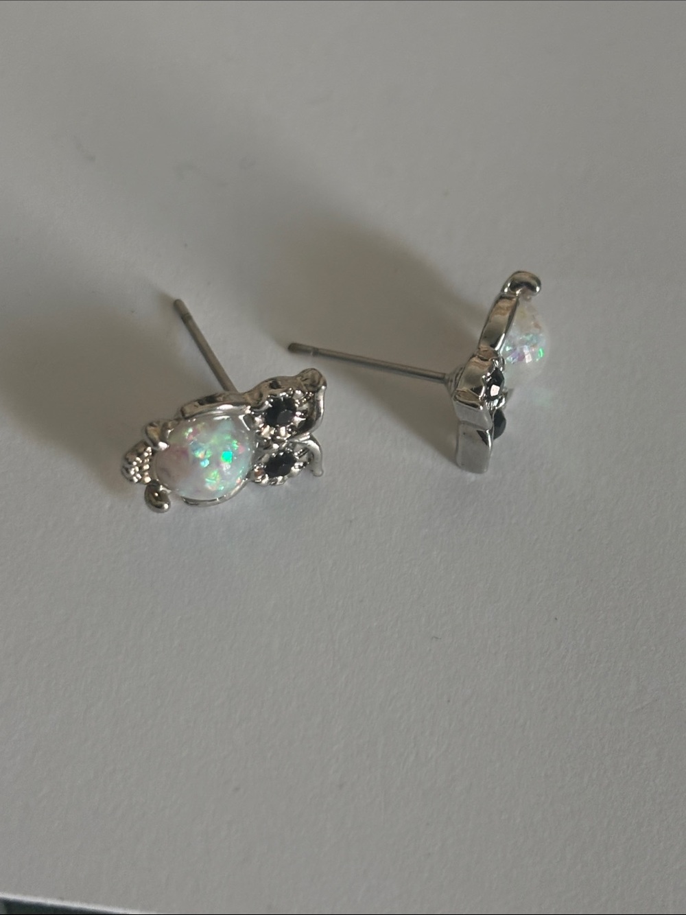 Sterling Silver Opal and Black Stone Stud Earrings - White Opal